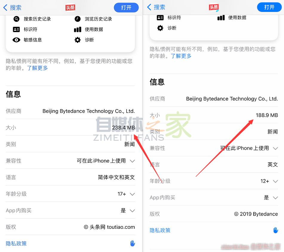 今日头条和今日头条极速版大小